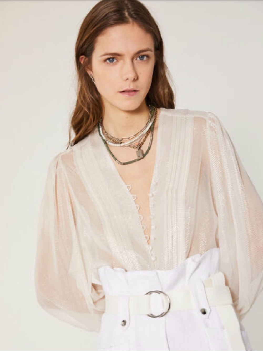 IRO Sheer Ivory V-Neck Pintuck Blouse